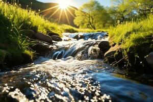 ai generado primavera antecedentes corriente de agua en el bosque. generativo ai. foto