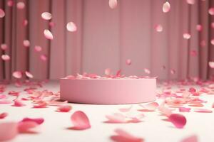 AI generated Pink product podium placement on solid background with rose petals falling. Luxury premium beauty, fashion, cosmetic and spa gift stand presentation. Valentine day present showcase. photo