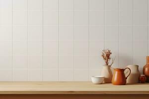 Minimal cozy counter mockup design for product presentation background or branding with bright wood counter tile white wall with orange brown jug. Kitchen interior. generative ai. photo