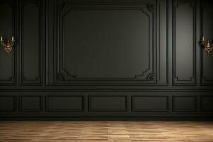 Modern classic black empty interior with wall panels and wooden floor. 3d render illustration mock up. generative ai. photo