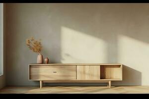 Simple minimal cabinet for tv interior wall mockup,3d rendering. generative ai. photo