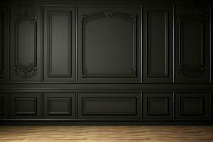 moderno clásico negro vacío interior con pared paneles y de madera piso. 3d hacer ilustración burlarse de arriba. generativo ai. foto