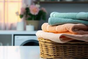 Towel basket on the background of the wash room. generative ai. photo