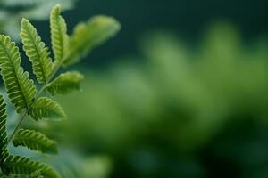 Green fern leaves, selective focus against green bokeh garden background, with copy space. generative ai. photo