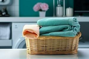 Towel basket on the background of the wash room. generative ai. photo