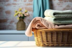 Towel basket on the background of the wash room. generative ai. photo