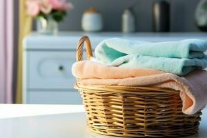 Towel basket on the background of the wash room. generative ai. photo