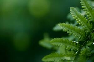 Green fern leaves, selective focus against green bokeh garden background, with copy space. generative ai. photo