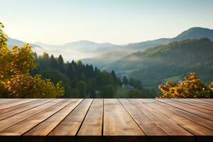 Wooden table terrace with Morning fresh atmosphere nature landscape. generative ai. photo