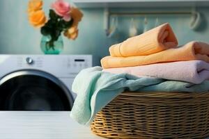 Towel basket on the background of the wash room. generative ai. photo