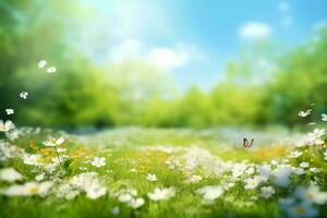 Beautiful blurred spring background nature with blooming glade, trees and blue sky on a sunny day. generative ai. photo