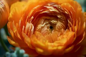 AI generated Beautiful background with close up view to ranunculus flower head. generative ai. photo