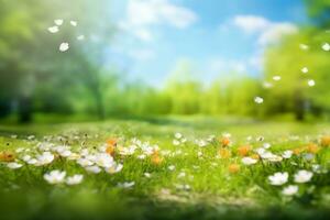 Beautiful blurred spring background nature with blooming glade, trees and blue sky on a sunny day. generative ai. photo