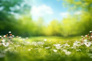 Beautiful blurred spring background nature with blooming glade, trees and blue sky on a sunny day. generative ai. photo