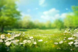 Beautiful blurred spring background nature with blooming glade, trees and blue sky on a sunny day. generative ai. photo