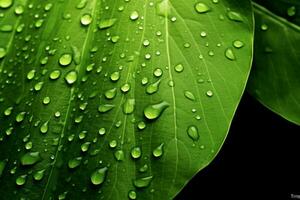 A beautiful fresh green leaf covered with raindrops and highlighted by the sun. The plant has a beautiful expressive structure. generative ai. photo