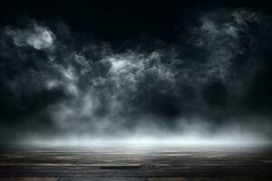 Fog In Darkness, Smoke And Mist On Wooden Table, Abstract And Defocused Halloween Backdrop. generative ai. photo