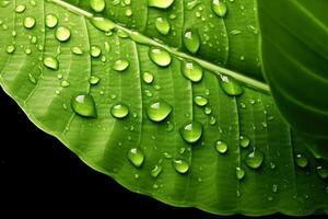 A beautiful fresh green leaf covered with raindrops and highlighted by the sun. The plant has a beautiful expressive structure. generative ai. photo