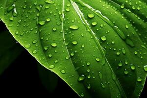 A beautiful fresh green leaf covered with raindrops and highlighted by the sun. The plant has a beautiful expressive structure. generative ai. photo