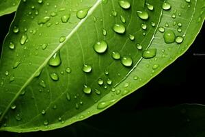 A beautiful fresh green leaf covered with raindrops and highlighted by the sun. The plant has a beautiful expressive structure. generative ai. photo