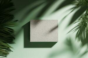 3D background, stone display flat lay podium on natural pastel green backdrop and palm shadow. Product promotion Beauty cosmetic tropical showcase. generative ai. photo