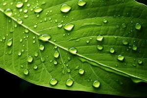 A beautiful fresh green leaf covered with raindrops and highlighted by the sun. The plant has a beautiful expressive structure. generative ai. photo