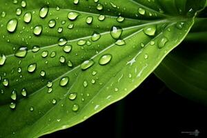 A beautiful fresh green leaf covered with raindrops and highlighted by the sun. The plant has a beautiful expressive structure. generative ai. photo