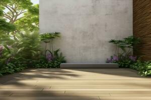 Empty exterior concrete wall with tropical style garden 3d render,decorate with tropical style tree ,sunlight on the wall. generative ai. photo