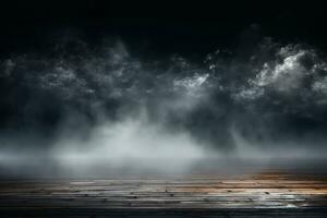 Fog In Darkness, Smoke And Mist On Wooden Table, Abstract And Defocused Halloween Backdrop. generative ai. photo