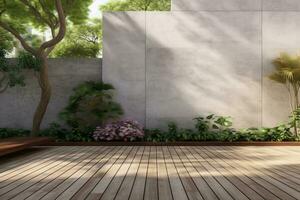 Empty exterior concrete wall with tropical style garden 3d render,decorate with tropical style tree ,sunlight on the wall. generative ai. photo