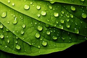 A beautiful fresh green leaf covered with raindrops and highlighted by the sun. The plant has a beautiful expressive structure. generative ai. photo