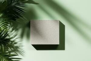 3D background, stone display flat lay podium on natural pastel green backdrop and palm shadow. Product promotion Beauty cosmetic tropical showcase. generative ai. photo