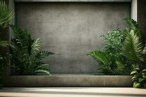 Blank concrete wall in modern empty room with tropical plant garden. Luxury house interior with green palm trees. Minimal architecture design. generative ai. photo