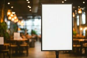 mockup white poster with black frame stand in front of blur restaurant cafe background for show or present promotion product concept. generative ai. photo