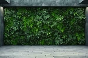 Concrete architecture, vertical garden wall, green plants decoration. 3D illustration, rendering. generative ai. photo