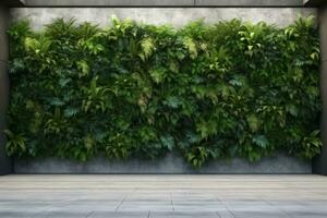 Concrete architecture, vertical garden wall, green plants decoration. 3D illustration, rendering. generative ai. photo