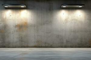 Empty concrete room wall and glowing lamps.generative ai. photo