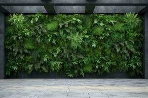 Concrete architecture, vertical garden wall, green plants decoration. 3D illustration, rendering. generative ai. photo