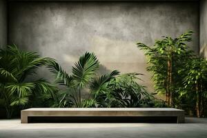 Blank concrete wall in modern empty room with tropical plant garden. Luxury house interior with green palm trees. Minimal architecture design. generative ai. photo