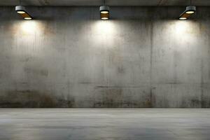 Empty concrete room wall and glowing lamps.generative ai. photo