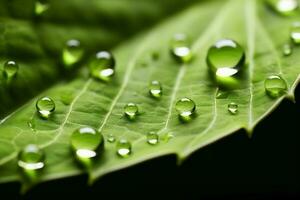 grande hermosa gotas de transparente lluvia agua en un verde hoja macro. gotas de Rocío en el Mañana resplandor en el Dom. hermosa hoja textura en naturaleza. natural antecedentes. generativo ai. foto