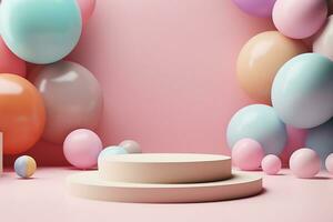 Minimal product podium stage with multicolor pastel color balloons in geometric shape for presentation background. Abstract background and decoration scene template.generative ai. photo