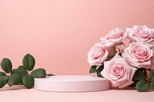 Blank podium with pink roses on pink background. Showcase for product, perfume, jewelry and cosmetic presentation. generative ai. photo