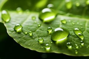 grande hermosa gotas de transparente lluvia agua en un verde hoja macro. gotas de Rocío en el Mañana resplandor en el Dom. hermosa hoja textura en naturaleza. natural antecedentes. generativo ai. foto