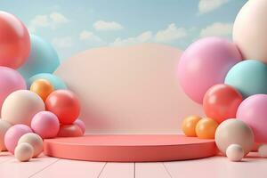 Minimal product podium stage with multicolor pastel color balloons in geometric shape for presentation background. Abstract background and decoration scene template.generative ai. photo