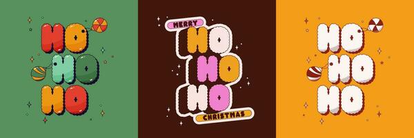 Christmas groovy set of posters with text Ho Ho Ho. Tricolor background. vector