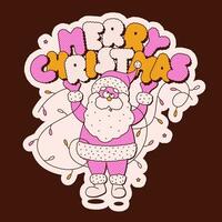 maravilloso mascota Papa Noel claus personaje con letras alegre Navidad y guirnalda. imaginario antiguo hombre con largo, blanco cabello, barba y rojo abrigo. vector
