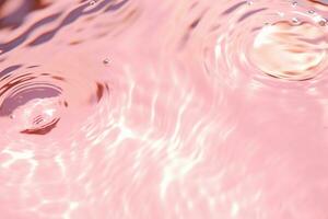 Closeup of pink transparent clear calm water surface texture with splashes and bubbles. Trendy abstract summer nature background. Coral colored waves in sunlight. generative ai. photo