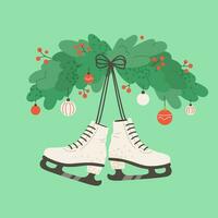 A pair of white skates are hanging on the wall with New Year holiday decorations. vector