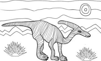 Parasaurolophus vector coloring page. Hand drawn dinosaur illustration. Coloring book for children and adults.